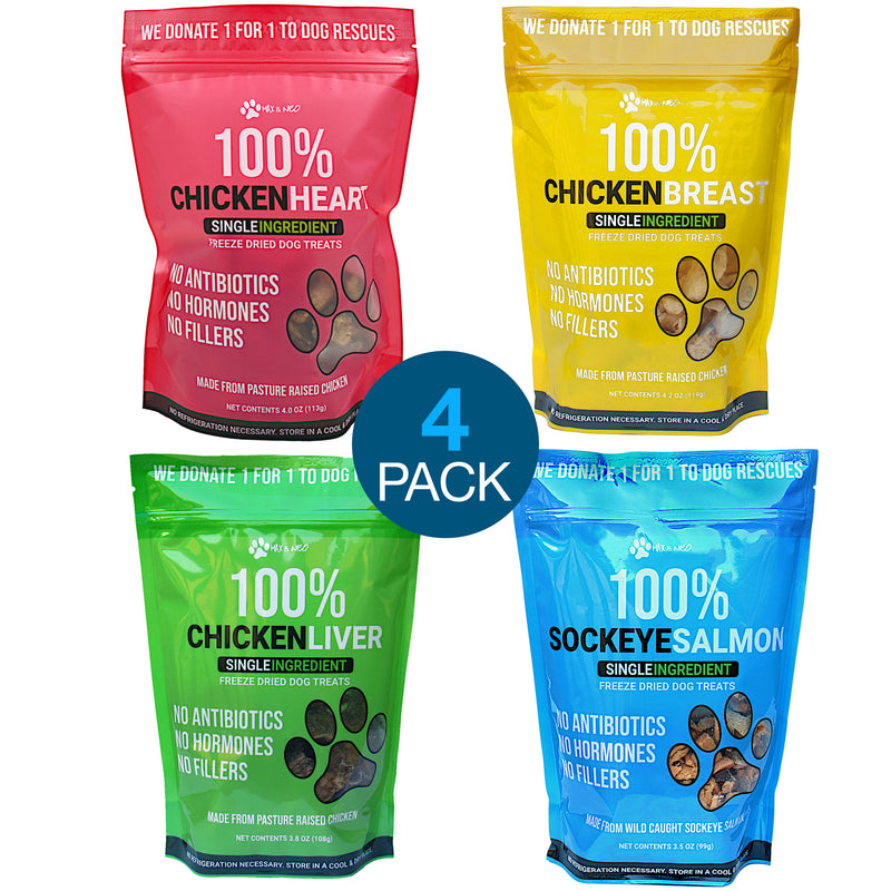 4 PACK Chicken and Sea Freeze Dried Dog Treats (Chicken Breast, Chicken Heart, Chicken Liver, Sockeye Salmon)