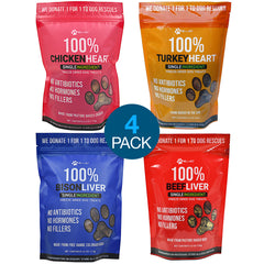4 PACK Hearts and Liver Freeze Dried Dog Treats (Beef Liver, Bison Liver, Chicken Heart, Turkey Heart)
