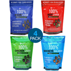 4 PACK Livers and Salmon Freeze Dried Dog Treats (Beef Liver, Bison Liver, Chicken Liver, Sockeye Salmon)