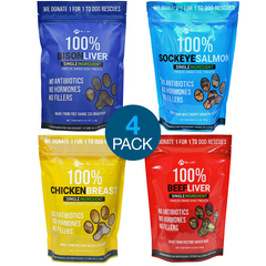 4 PACK Top Sellers Freeze Dried Dog Treats (Beef Liver, Bison Liver, Chicken Breast, Sockeye Salmon)